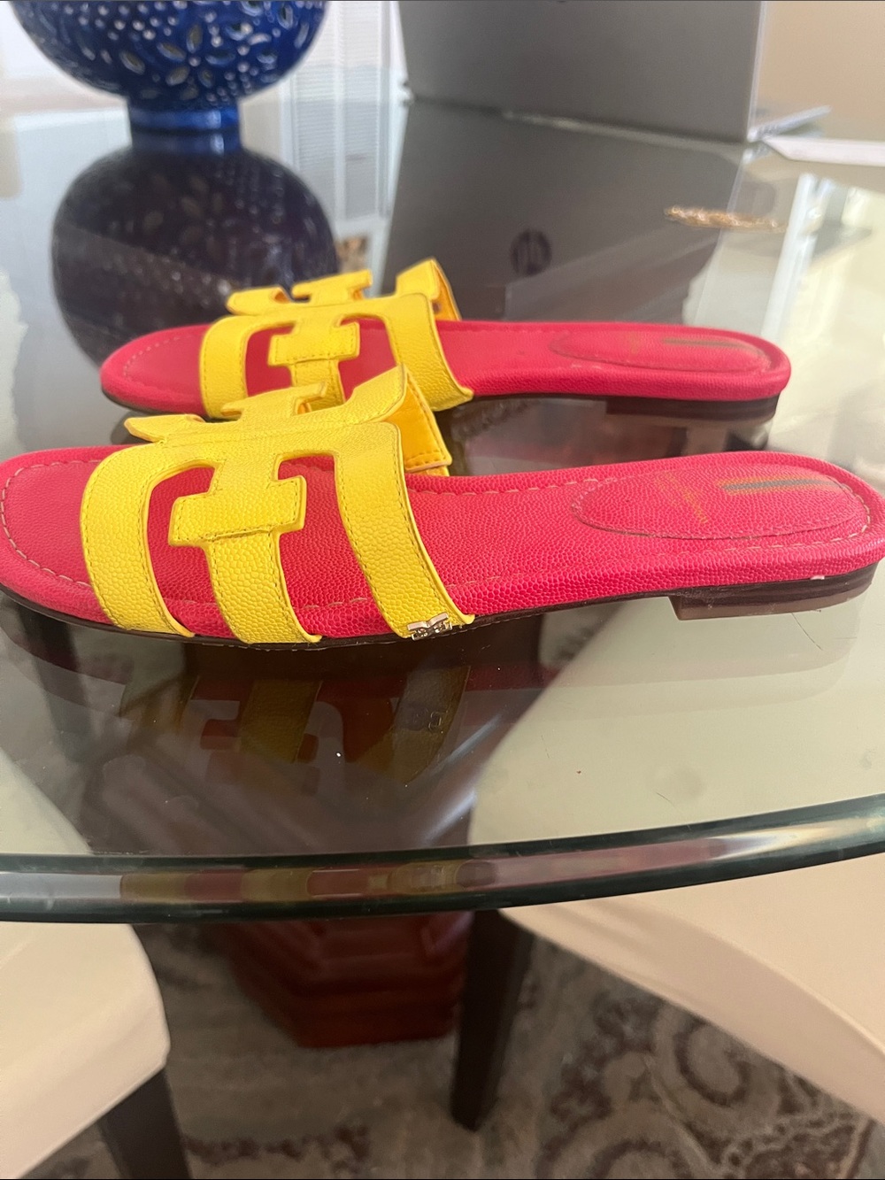 Sam Edelman Pink and Yellow Double-Strap Slide Sandals - Picture 3 of 3